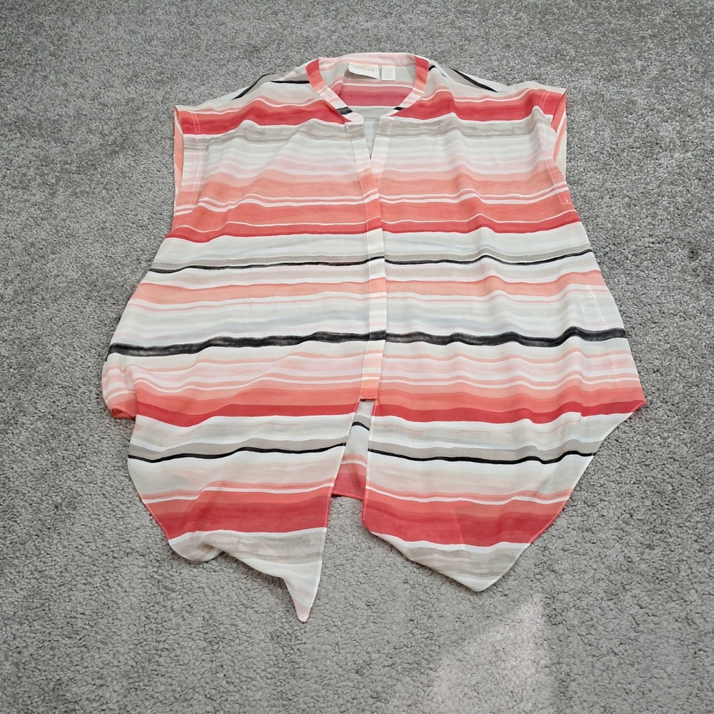 Chico's Women 2 Coral Pink Striped Sleeveless Chiffon Button Front Blouse Top